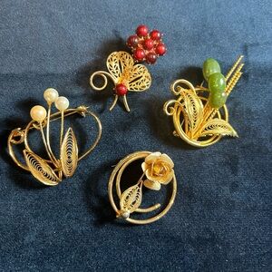 Gold-Tone Filigree Floral Brooch Pins